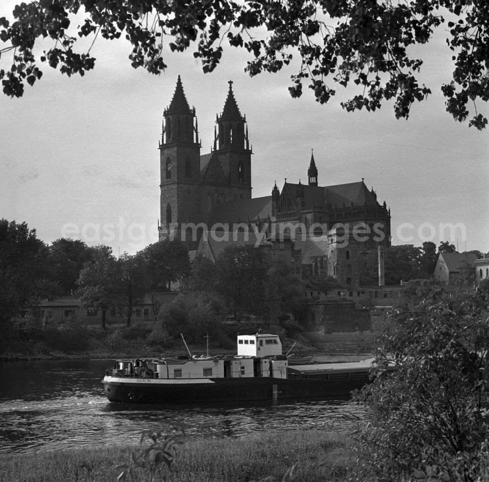GDR image archive: Magdeburg - Barge on the River Elbe in Magdeburg in Saxony - Anhalt. In the background of the Magdeburg Cathedral is visible