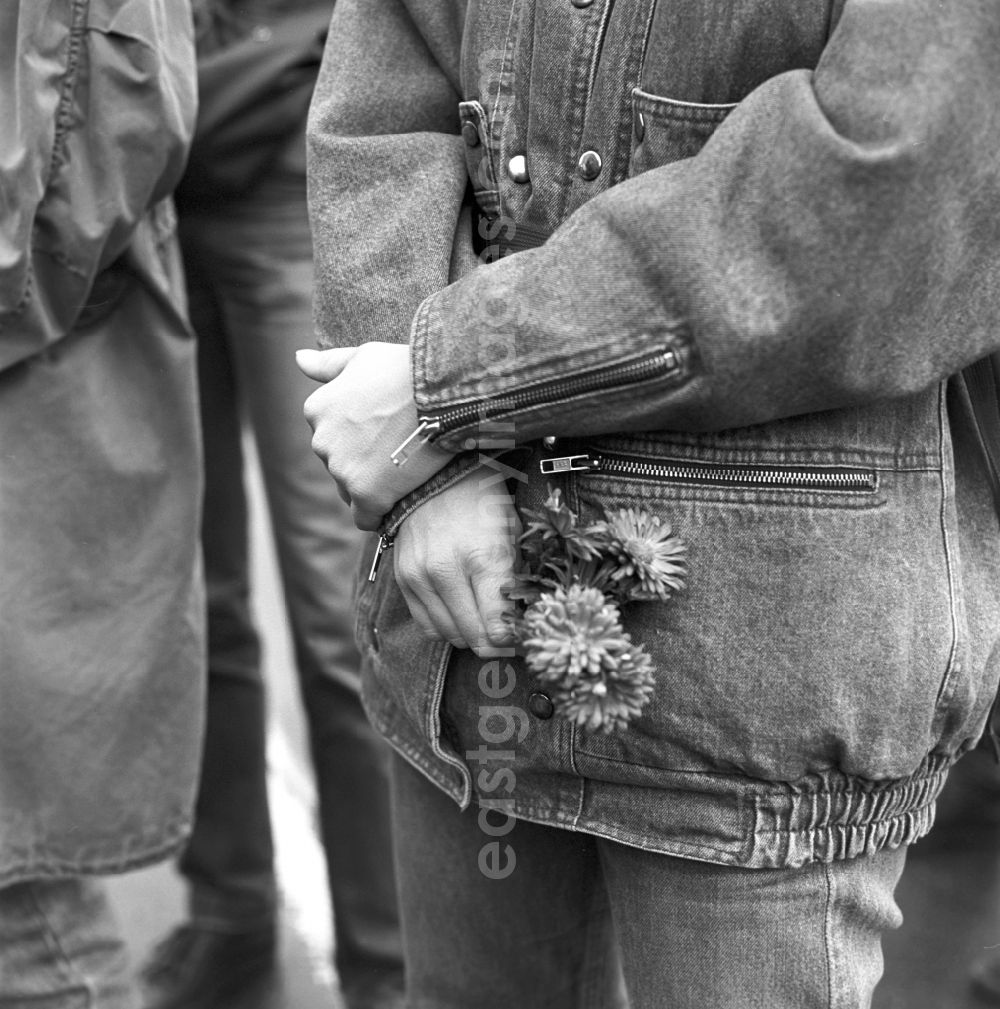 GDR photo archive: Berlin - Flowers in hand as a symbol of peace and freedom. On 4 November 1989 came on the Alexanderplatz in Berlin with about a million subscribers to the largest demonstration in the history of the GDR