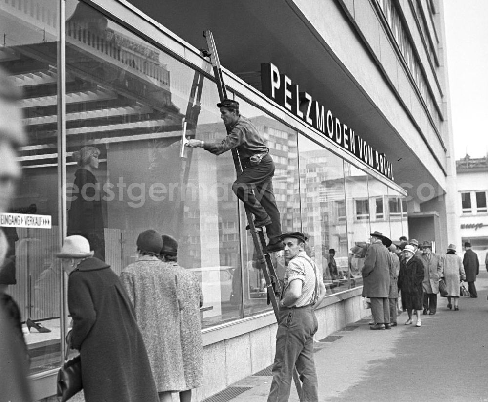 GDR photo archive: Leipzig - Während ältere Damen neugierig die Auslagen betrachten, reinigen zwei Fensterputzer die Schaufenster des Pelzmodengeschäftes vom Brühl in Leipzig. Das zehngeschossige Haus der Interpelz am Brühl (Hochhaus Brühlpelz) war 1966 eingeweiht worden. Dennoch errang der Brühl seinen Vorkriegsruf als Weltstraße der Pelze nicht zurück.