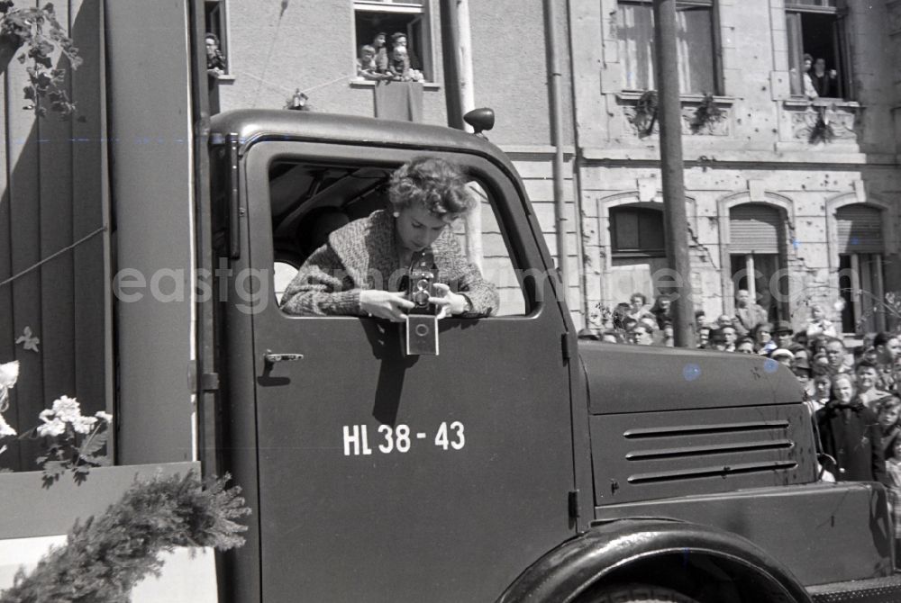 GDR picture archive: Halberstadt - Truck IFA H3A on Friedenstrasse on the streets in Halberstadt in the state Saxony-Anhalt on the territory of the former GDR, German Democratic Republic