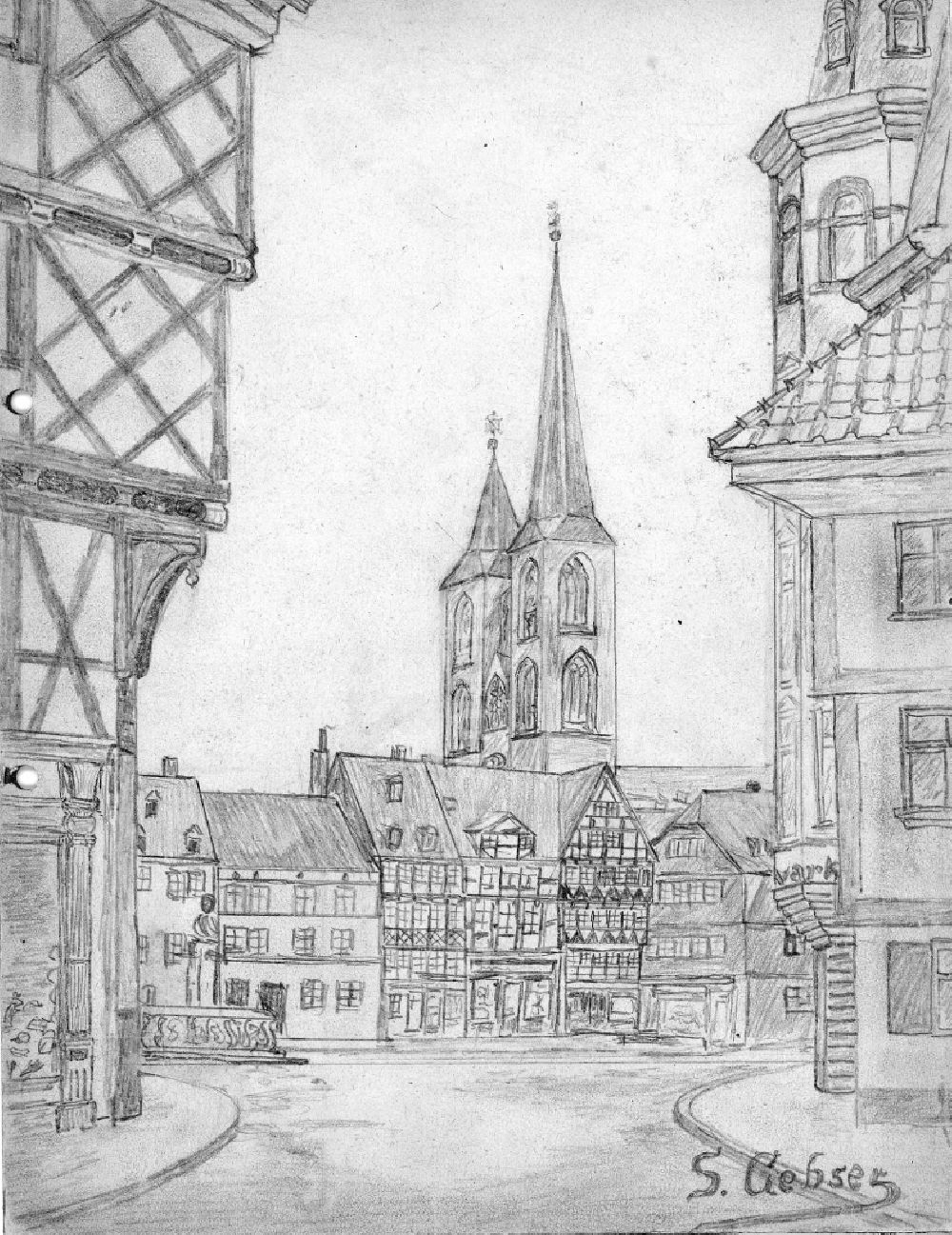 Halberstadt: VG picture free work: pencil drawing Martinikirche am Martiniplan by the artist Siegfried Gebser in Halberstadt in the state Saxony-Anhalt on the territory of the former GDR, German Democratic Republic