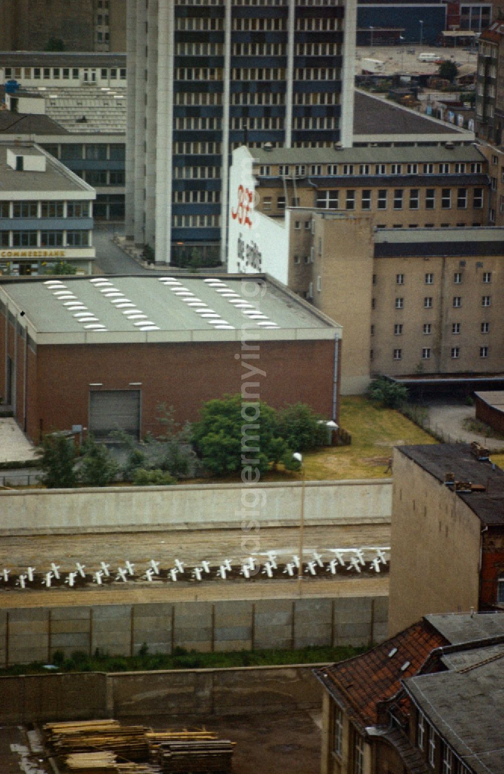 Berlin: View from a high-rise apartment building on Leipziger Strasse in East Berlin across the Wall strip towards Kreuzberg - West Berlin on the territory of the former GDR, German Democratic Republic