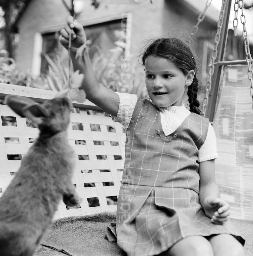 GDR picture archive: Scheibenberg - Girl sits with a rabbit of a garden swing in Scheibenberg in the federal state Saxony in the area of the former GDR, German democratic republic