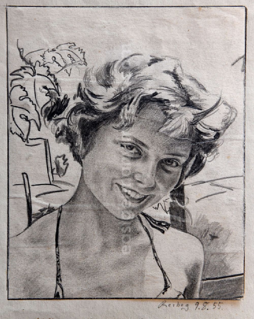 GDR picture archive: Prerow - VG picture free work: pencil drawing girl portrait by the artist Siegfried Gebser in Prerow in the state Mecklenburg-Western Pomerania on the territory of the former GDR, German Democratic Republic