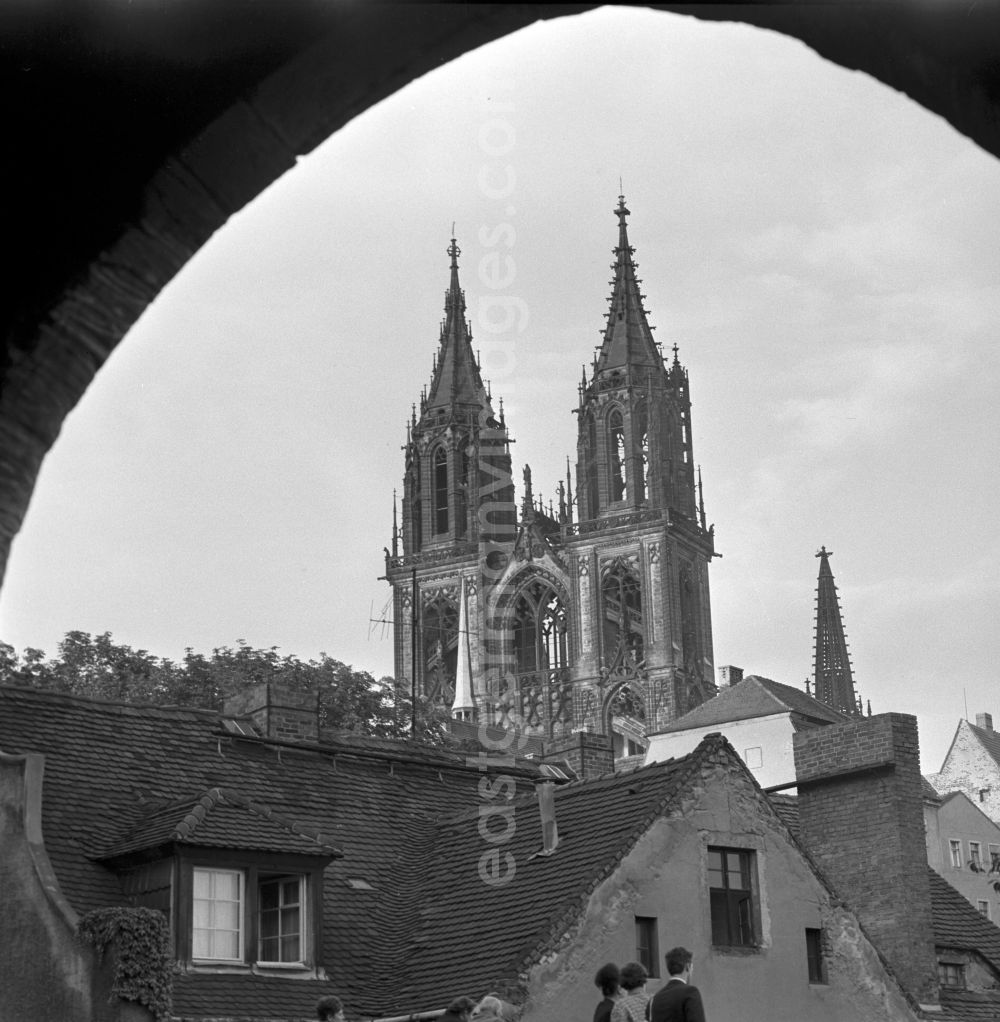 Meißen: Towers, facade and roof of the gothic sacral building Meissen Cathedral or the Church of St John and St Donatus in Meissen in the state Saxony on the territory of the former GDR, German Democratic Republic