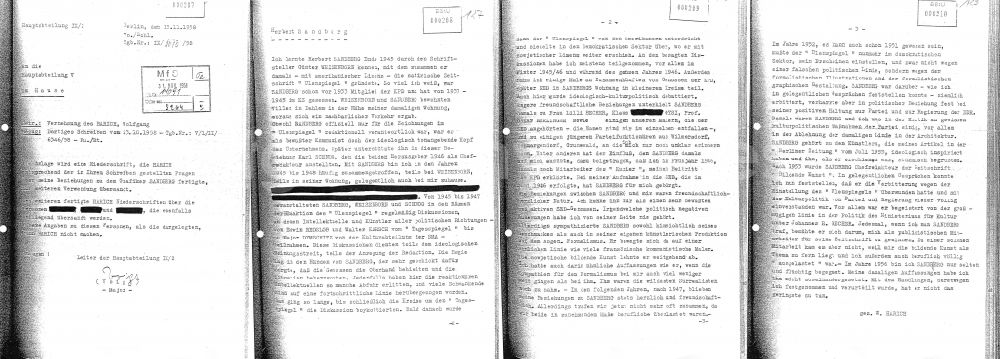 Berlin: Reproduction MfS interrogation protocol of the Ministry for State Security of the HA Department IX/2 there by Wolfgang Harich on the graphic artist and communist Herbert Sandberg issued in Berlin East Berlin on the territory of the former GDR, German Democratic Republic
