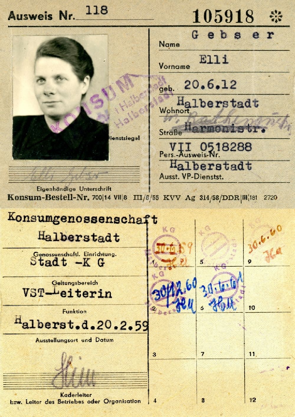 GDR photo archive: Halberstadt - Reproduction Membership card of the consumer cooperative issued in Halberstadt in the state Saxony-Anhalt on the territory of the former GDR, German Democratic Republic