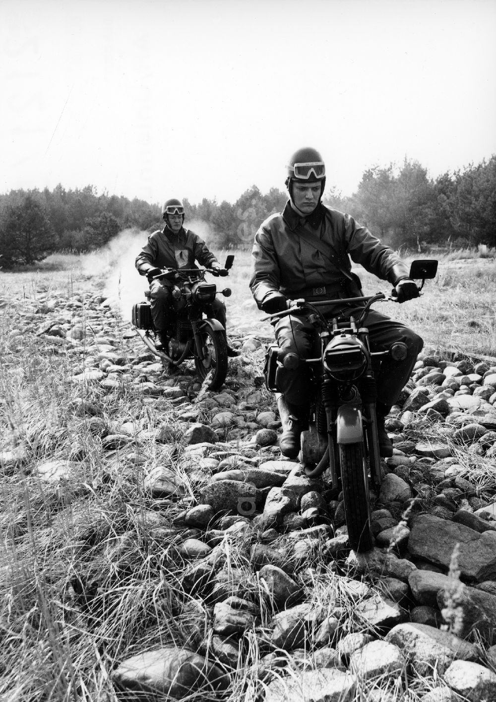 GDR photo archive: Abbenrode - Motorized border guards on MZ motorcycles during a patrol ride near Abbenrode in Harz in today's federal state of Saxony-Anhalt