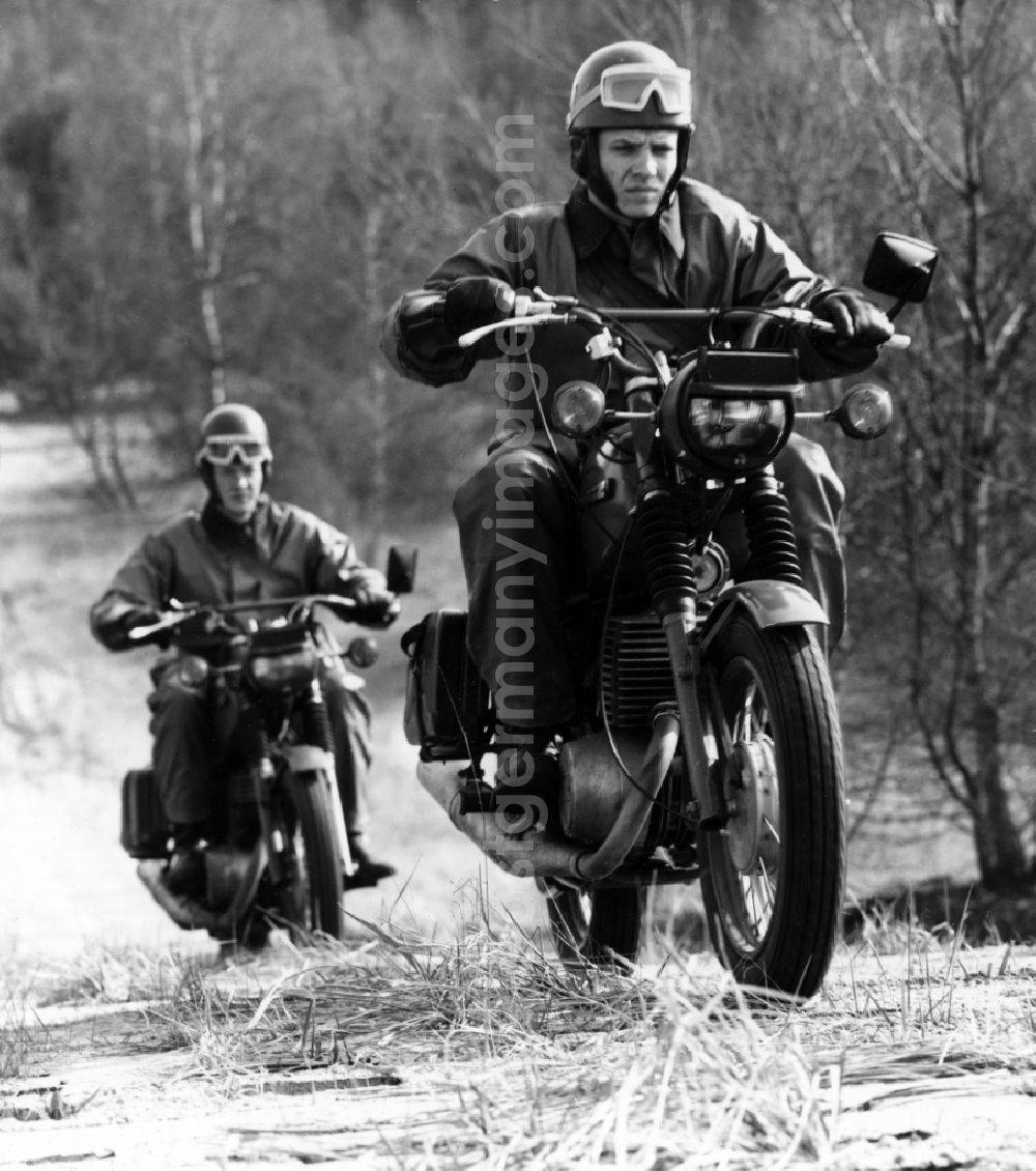 GDR image archive: Abbenrode - Motorized border guards on MZ motorcycles during a patrol ride near Abbenrode in Harz in today's federal state of Saxony-Anhalt