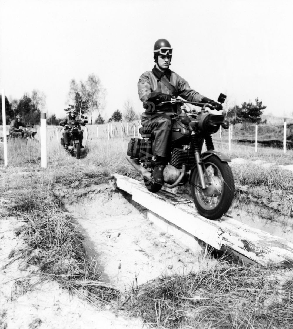 GDR picture archive: Abbenrode - Motorized border guards on MZ motorcycles during a patrol ride near Abbenrode in Harz in today's federal state of Saxony-Anhalt