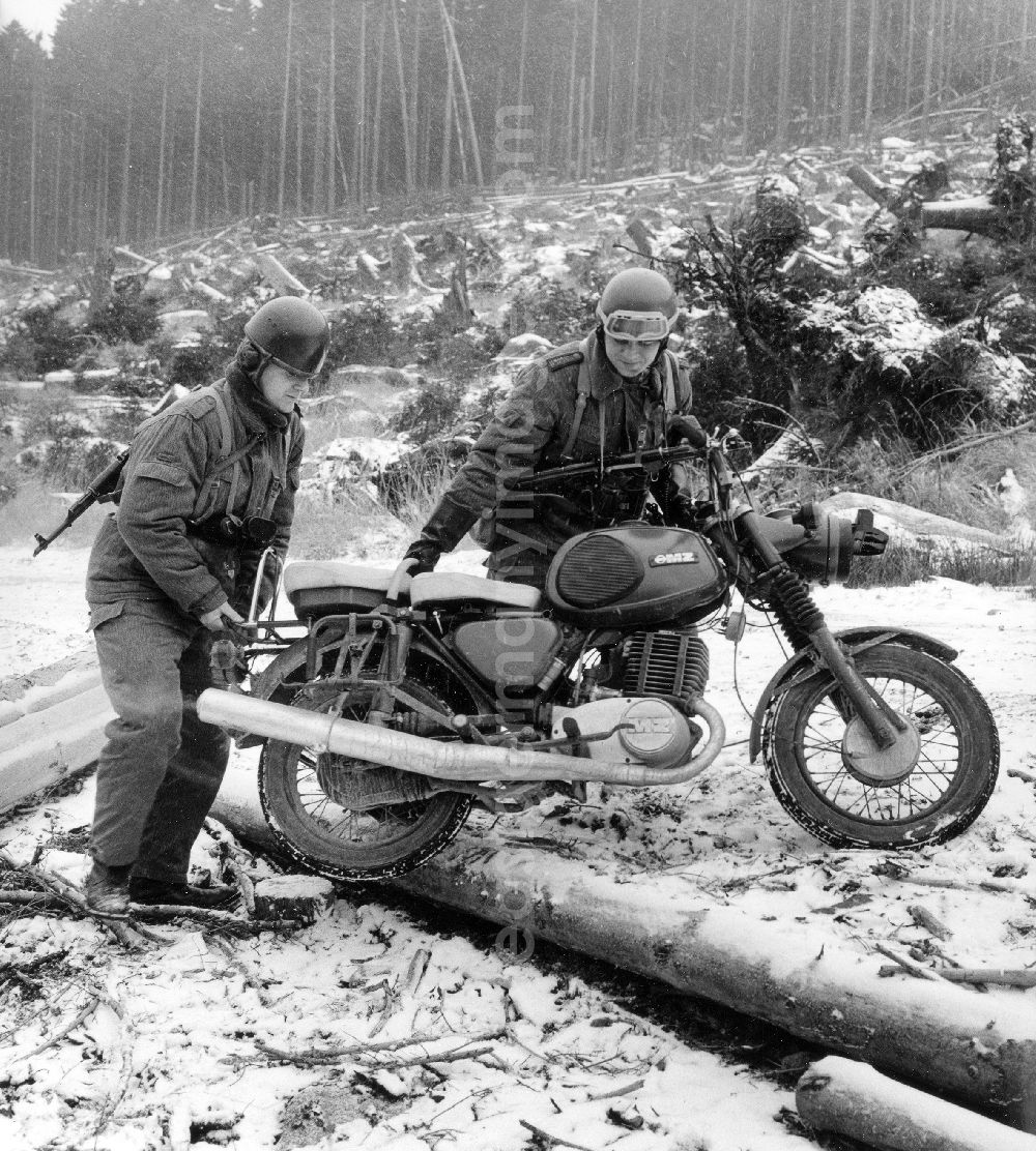 GDR image archive: Abbenrode - Motorized border guards on MZ motorcycles during a patrol ride near Abbenrode in Harz in today's federal state of Saxony-Anhalt