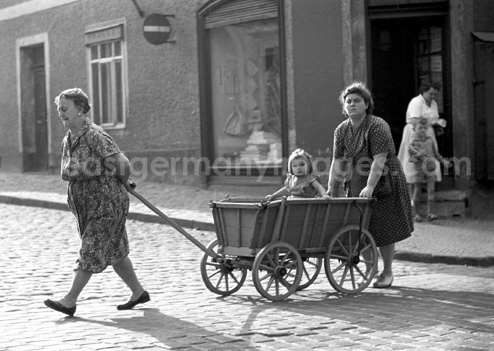 GDR image archive: Naumburg - Hier treffen drei Frauen-Generationen aufeinander - Oma zieht, Mutter schiebt und Tochter/Enkelkind sitzt im Leiterwagen und genießt.