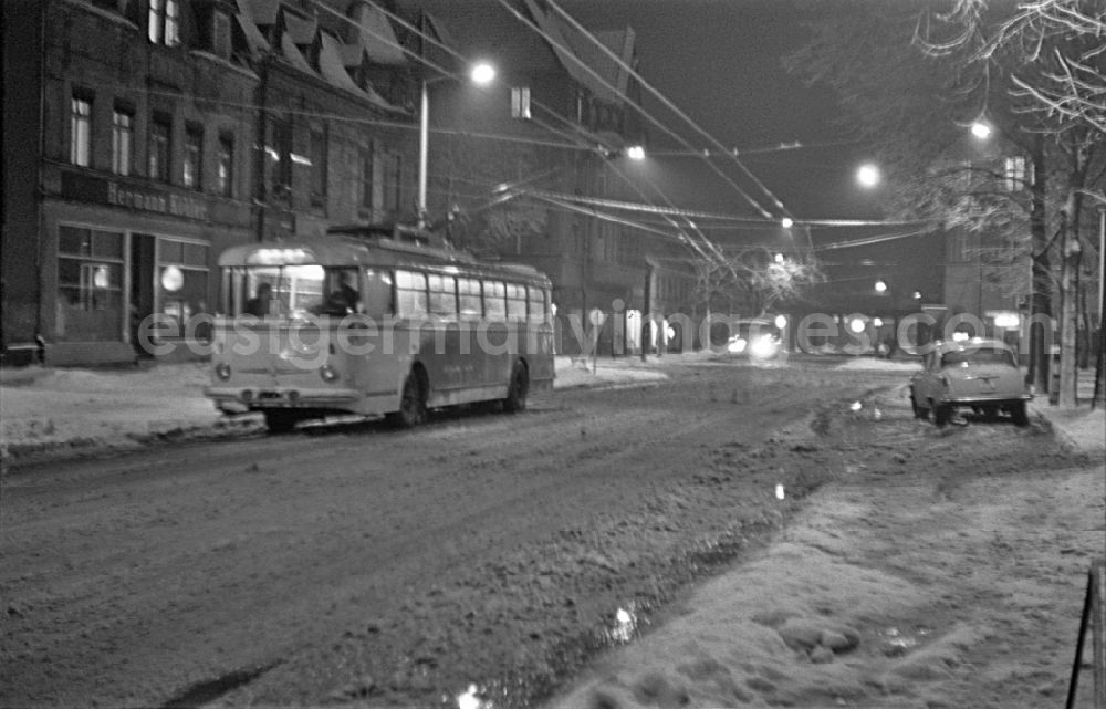 GDR photo archive: Potsdam - Trolleybus on the road in local transport use on street Karl-Liebknecht-Strasse in the district Babelsberg in Potsdam in the state Brandenburg on the territory of the former GDR, German Democratic Republic