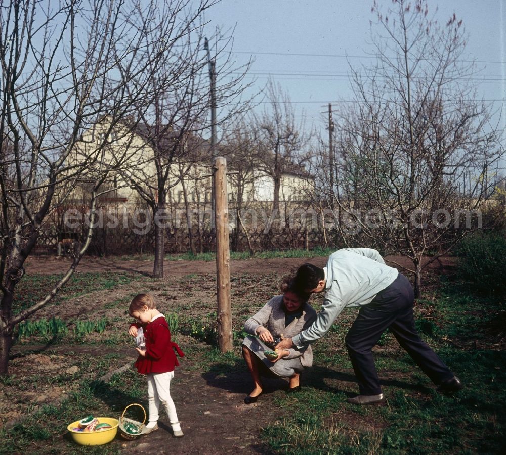 GDR photo archive: Zschopau - A small child in a red dress with the Easter egg look in the garden in Zschopau in the federal state Saxony in the area of the former GDR, German democratic republic