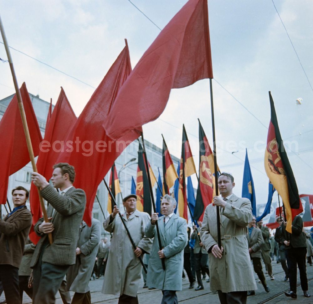 GDR photo archive: Leipzig - Parade with flags during the celebrations of the 1st of May 1964 in the district Mitte in Leipzig in the state Saxony on the territory of the former GDR, German Democratic Republic