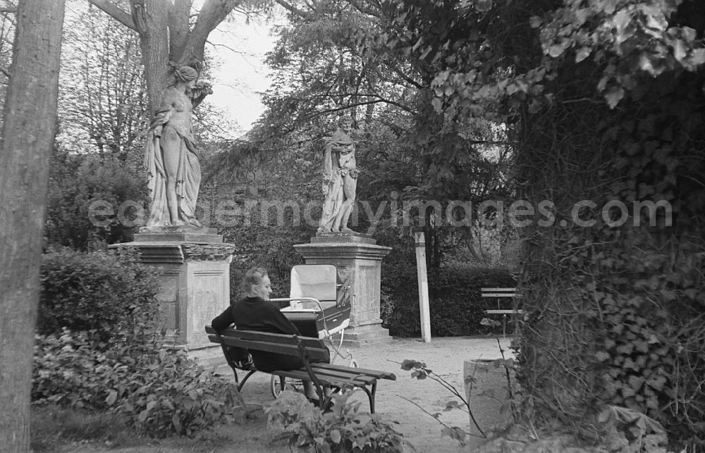 Neuruppin: Paths along trees and bushes in the Temple Garden park with a woman sitting on a park bench in front of a stroller in Neuruppin, Brandenburg in the territory of the former GDR, German Democratic Republic