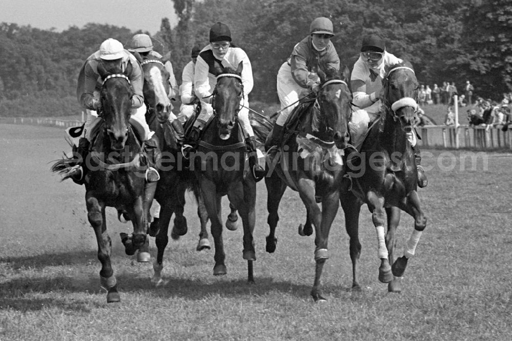 GDR photo archive: Magdeburg - Horses and jockeys in the race at the Herrenkrug racecourse in Magdeburg in the state Saxony-Anhalt on the territory of the former GDR, German Democratic Republic