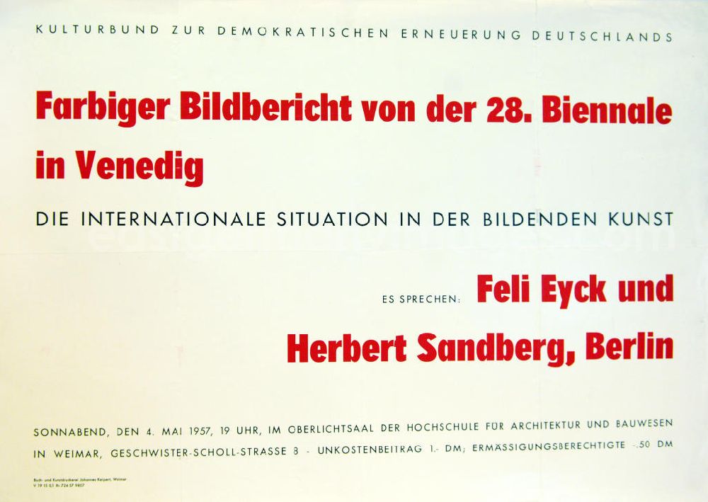GDR image archive: Berlin - Plakat von der Ausstellung Farbiger Bildbericht von der 28. Biennale in Venedig mit Herbert Sandberg am 4. Mai 1957 Kulturbund zur demokratischen Erneuerung Deutschlands, 61,0x43,