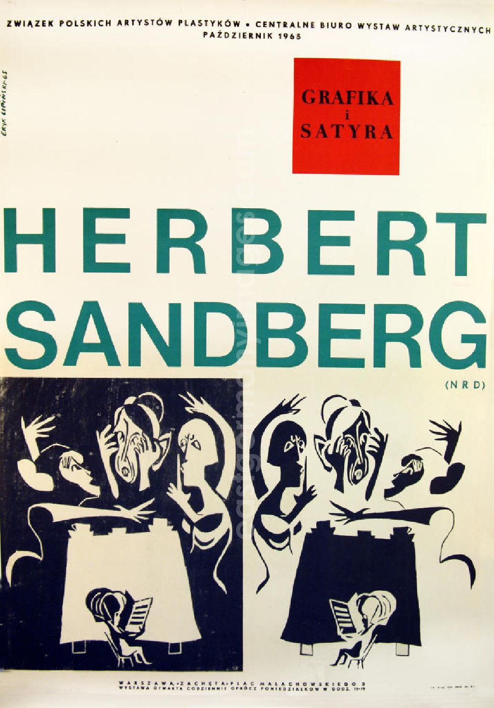 Berlin: Plakat der Ausstellung Grafika i satyra, Herbert Sandberg (NRD) im Oktober 1965 Biuro Wystaw Artystycznych, 48,5x63,