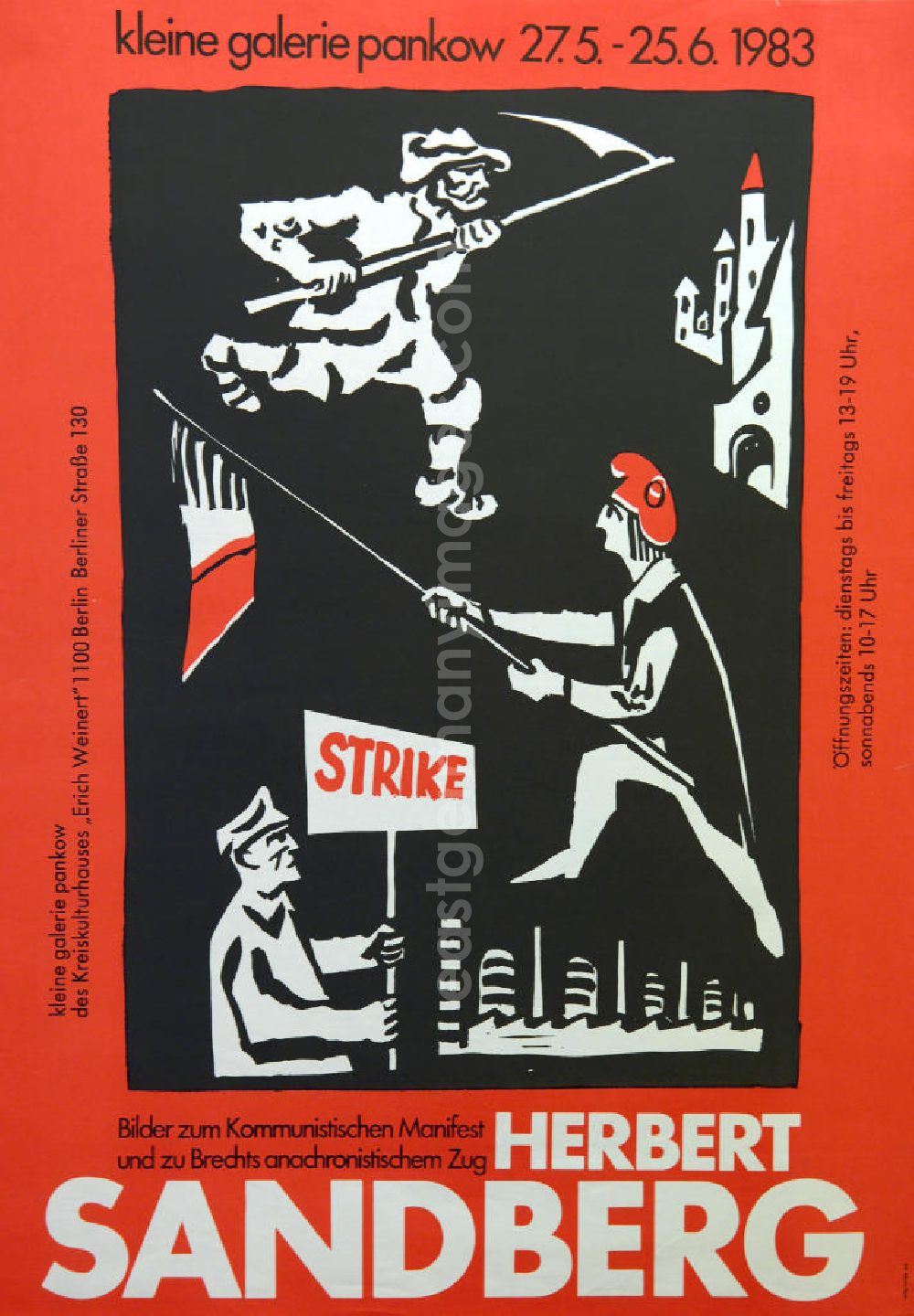 Berlin: Plakat der Ausstellung Herbert Sandberg, Bilder zum kommunistischen Manifest und zu Brechts anachronistischen Zug vom 27.5.-25.6.1983 Kleine Galerie Pankow, 4