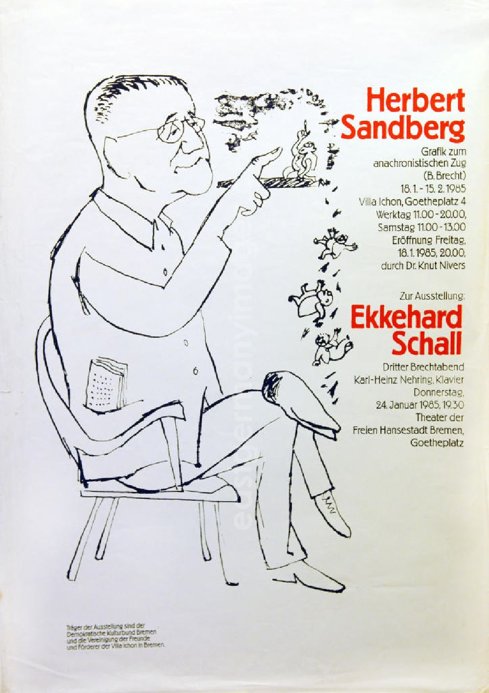 Berlin: Plakat der Ausstellung Herbert Sandberg, Grafik zum anachronistischen Zug (B. Brecht) vom 18.01.-15.02.1985 Villa Ichon, 63,0x88,