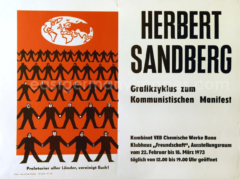 Berlin: Plakat der Ausstellung Herbert Sandberg Grafikzyklus zum Kommunistischen Manifest vom 22.02.-18.03.1973 Klubhaus Freundschaft, 60,0x45,0cm mit Grafik des 3