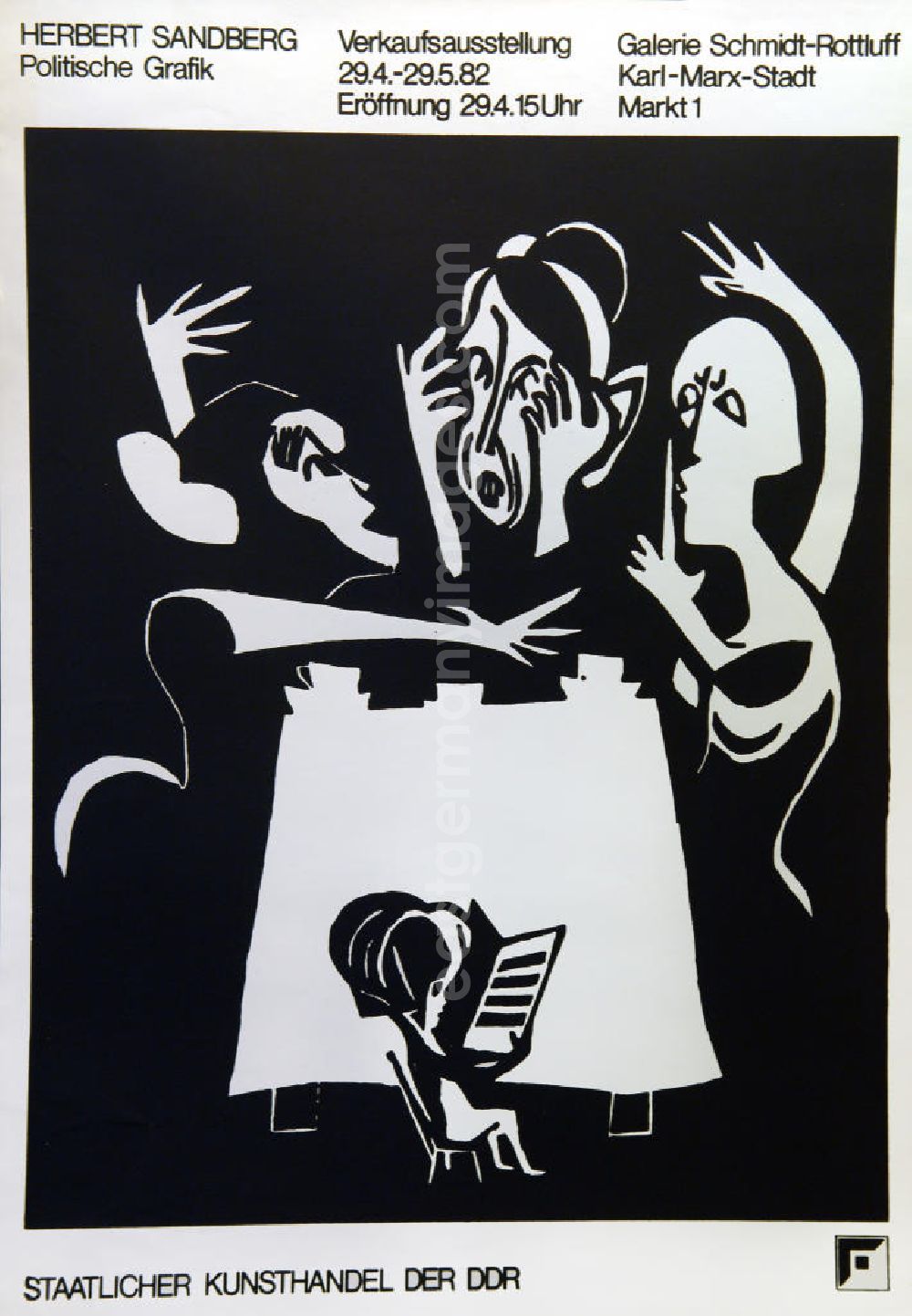 Berlin: Plakat der Ausstellung Herbert Sandberg, politische Grafik vom 29.04.-29.05.1982 Galerie Schmidt-Rottluff, Staatlicher Kunsthandel der DDR, 57,0x81,