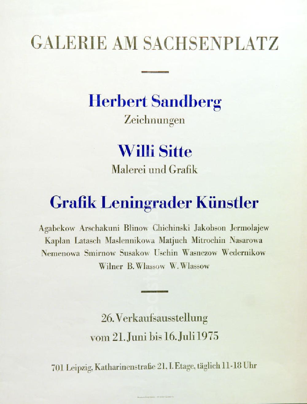 GDR photo archive: Berlin - Plakat der Ausstellung Herbert Sandberg Zeichnungen u.a. vom 21.06.-16.07.1975 Galerie am Sachsenplatz, 4