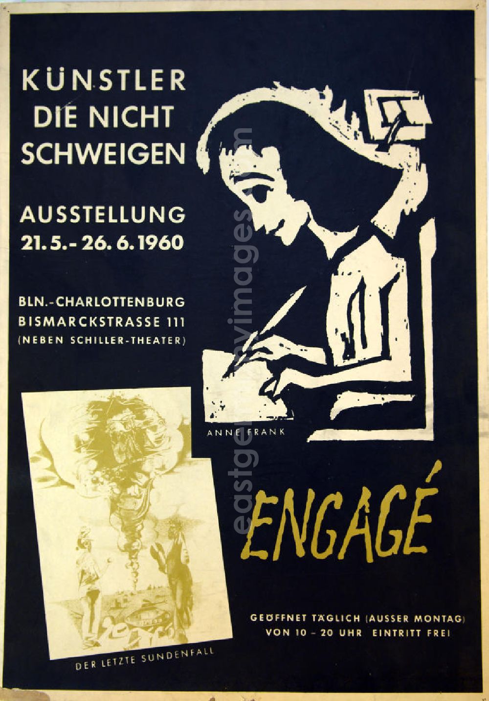 GDR photo archive: Berlin - Plakat der Ausstellung Künstler, die nicht schweigen, Engagé über Herbert Sandberg vom 21.05.-26.06.1960 in Berlin-Charlottenburg, 40,