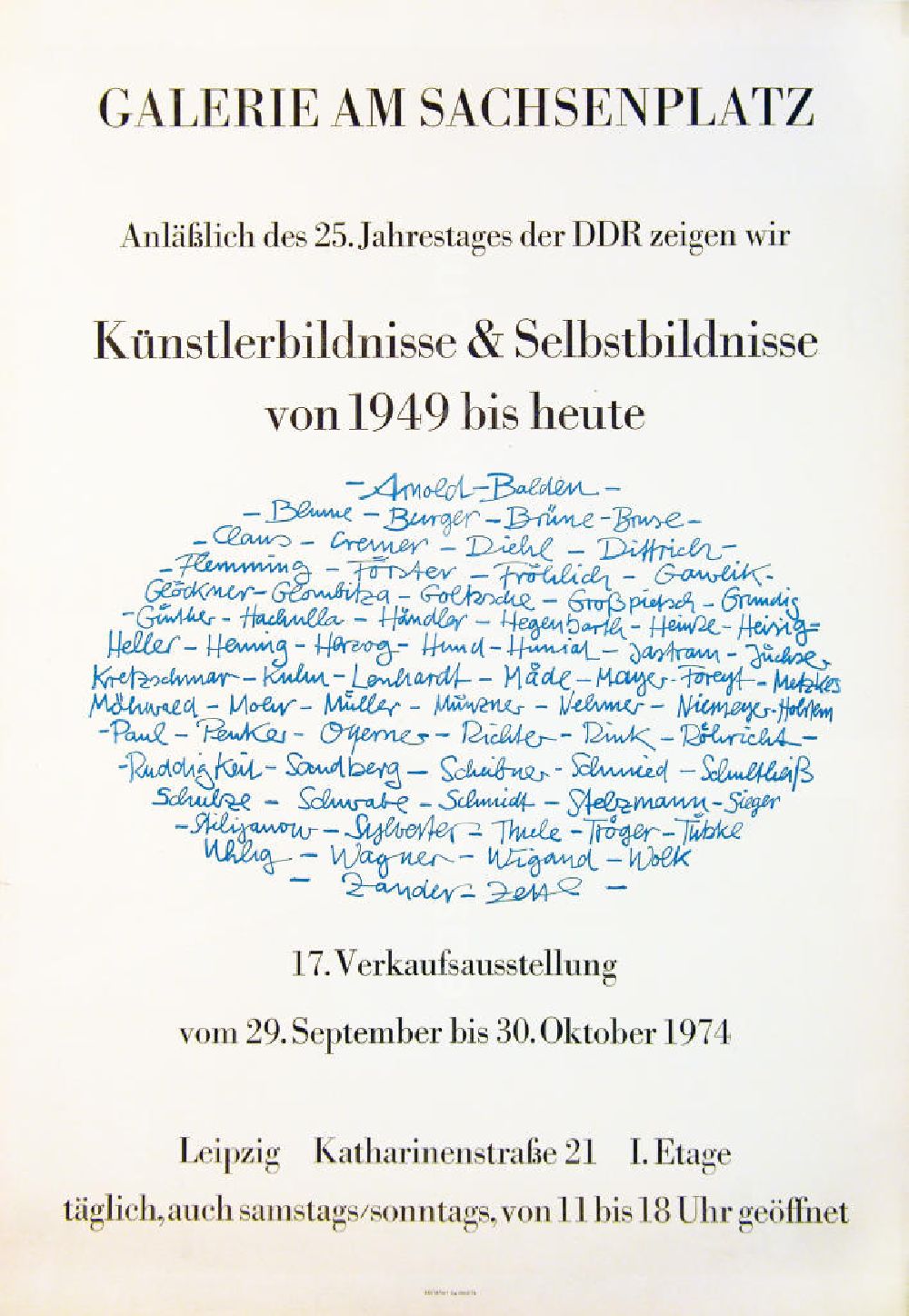 Berlin: Plakat der Ausstellung Künstlerbildnisse und Selbstbildnisse von 49 bis heute über Herbert Sandberg vom 29.09.-30.10.1974 Galerie am Sachsenplatz anlässlich des 25. Jahrestages der DDR, 4