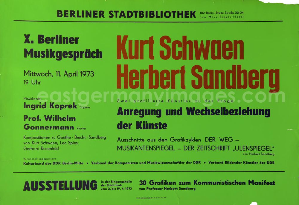 GDR photo archive: Berlin - Plakat der Ausstellung Kurt Schwaen, Herbert Sandberg zu 'Anregungen und Wechselbeziehungen der Künste' vom 02.-19.