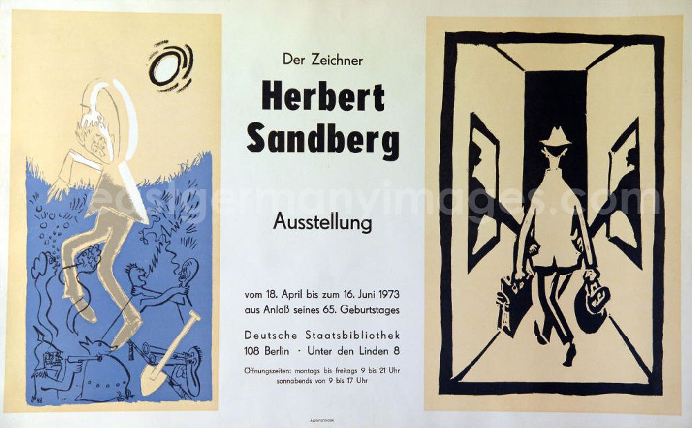 Berlin: Plakat der Ausstellung Der Zeichner Herbert Sandberg vom 18.04.-16.06.1973 (anlässlich seines 65. Geburtstages) Deutsche Staatsbibliothek, 79,8x50,