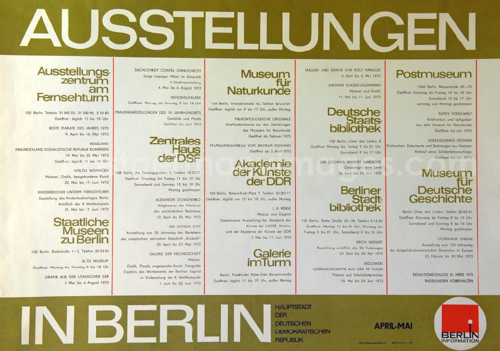 GDR image archive: Berlin - Plakat von Ausstellungen in Berlin April/Mai 1985 (u.a. Der Zeichner Herbert Sandberg vom 18.04.-16.06.1973 Deutsche Staatsbibliothek) 81,