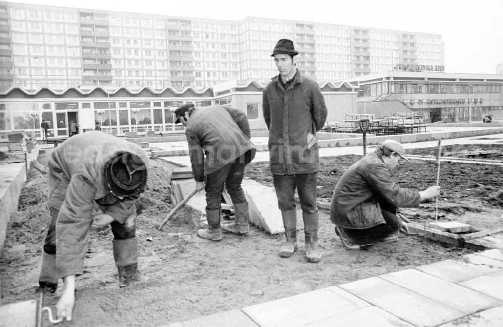 GDR image archive: Berlin - Paving work and laying pavement slabs in the green areas in front of the facades of an industrially manufactured prefabricated large housing estate on Weissenseer Weg (formerly Ho-Chi-Minh-Strasse) in the district of Lichtenberg in Berlin East Berlin in the area of ​​the former GDR, German Democratic Republic