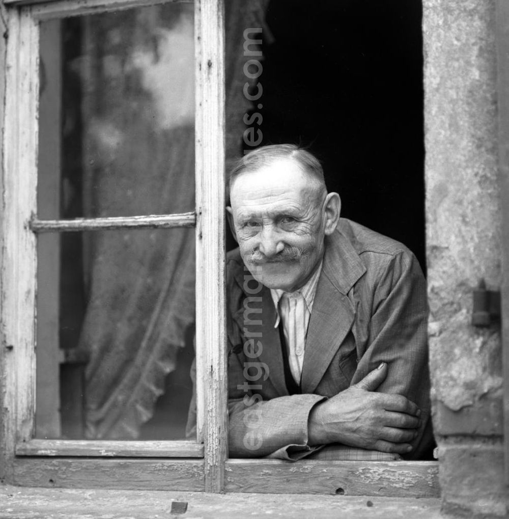 Pomßen: Ein alter Mann schaut aus dem Fenster seines Hauses in dem kleinen Dorf Pomßen in der Nähe von Leipzig.