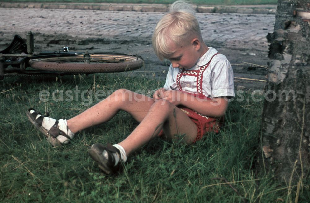 GDR image archive: Merseburg - Fahrradtour bei Merseburg, Junge während einer Pause. Bicycle Tour in Merseburg, boy during a break.