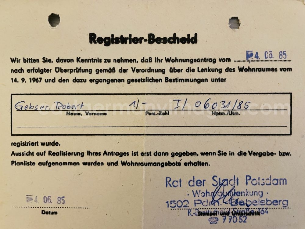 GDR image archive: Potsdam - Reproduction Registration notification for an apartment application issued in Potsdam in the state Brandenburg on the territory of the former GDR, German Democratic Republic