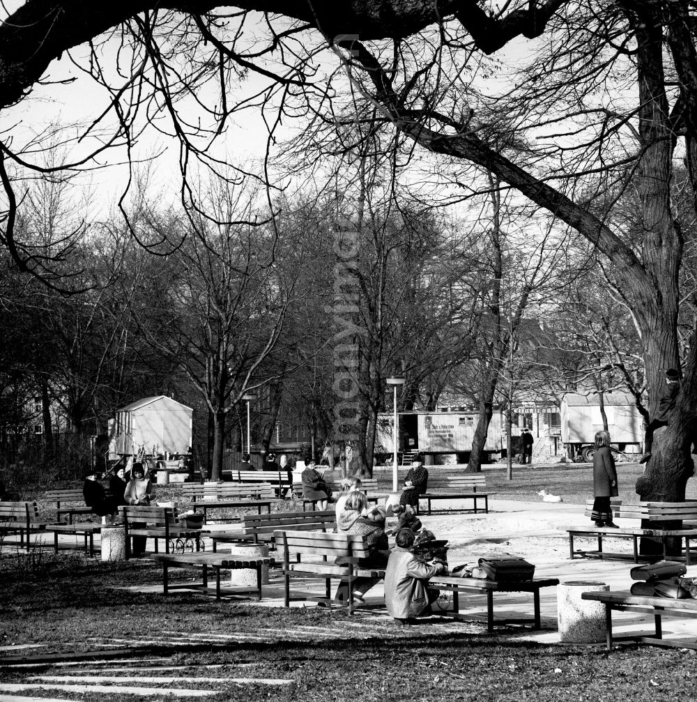 GDR picture archive: Berlin - Pensioners sit on park-benches in the national park Friedrich's grove and enjoy the first sunrays in the spring in Berlin, the former capital of the GDR, German democratic republic