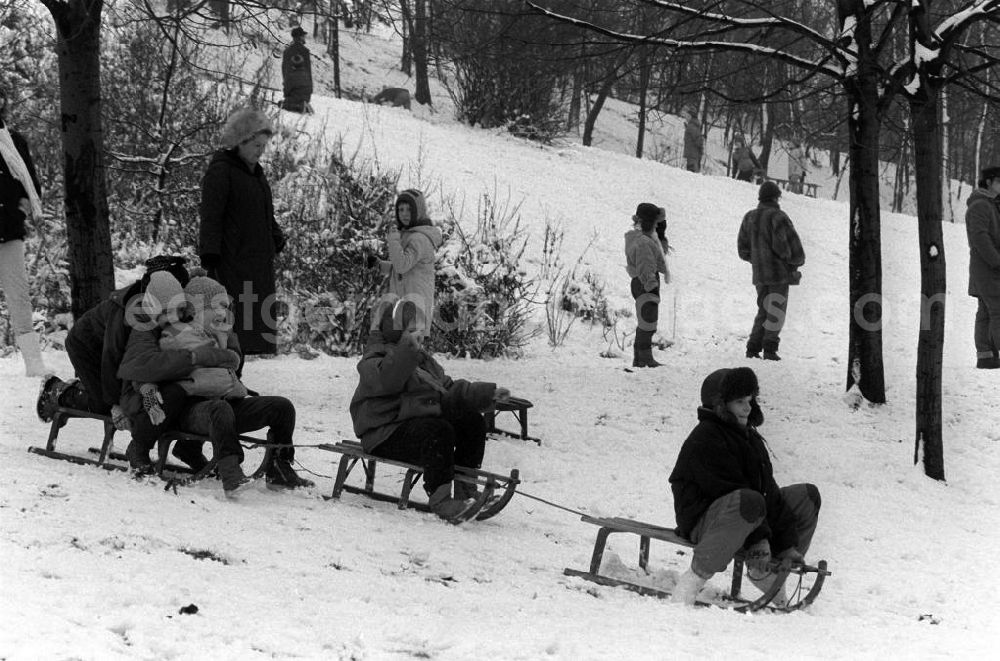 GDR photo archive: Berlin - Kinder haben ihre Schlitten zusammengebunden und rodeln fröhlich den Rodelberg / Berg / Hügel im Volkspark Friedrichshain hinunter.