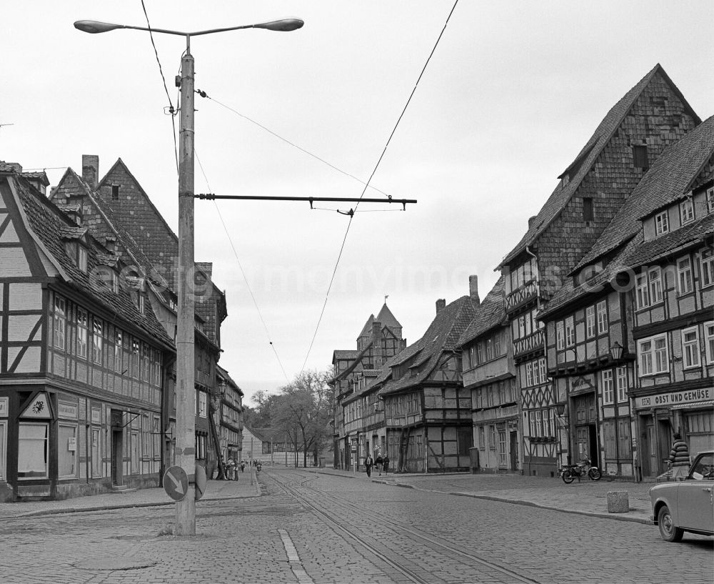 GDR picture archive: Halberstadt - Rubble and ruins Rest of the facade and roof structure of the half-timbered house in der Groeperstrasse in Halberstadt in the state Saxony-Anhalt on the territory of the former GDR, German Democratic Republic