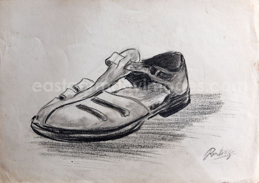 Halberstadt: VG picture free work: pencil drawing sandal by the artist Siegfried Gebser in Halberstadt in the state Saxony-Anhalt on the territory of the former GDR, German Democratic Republic
