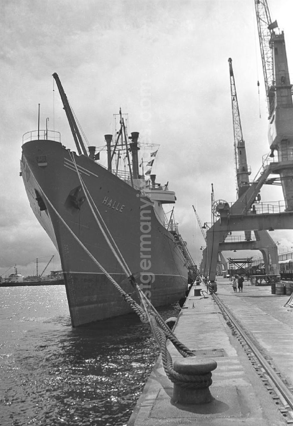 Rostock: Das Schiff Halle liegt vertäut im Seehafen in Rostock. Im Vordergrund das Schiffstau mit dem am Land / Hafengelände liegenden Poller. Der Hochseehafen wurde Anfang Mai 196