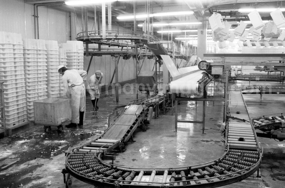GDR photo archive: Britz - Production and processing facilities at the SVK Schlacht- und Verarbeitungskombinat Eberswalde slaughterhouse in Britz in the state Brandenburg on the territory of the former GDR, German Democratic Republic