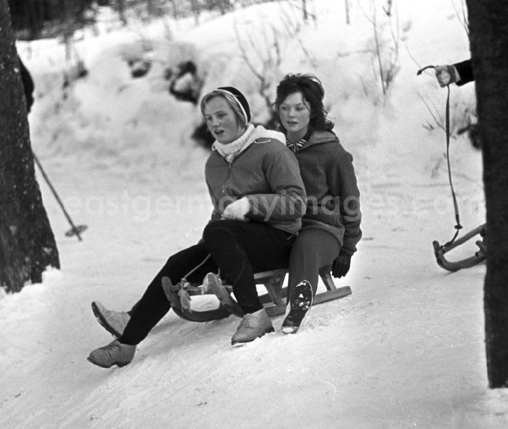 GDR image archive: Ilmenau - So schön kann der Winter sein - zwei junge Frauen haben in Ilmenau Spaß beim gemeinsamen Schlitten fahren.