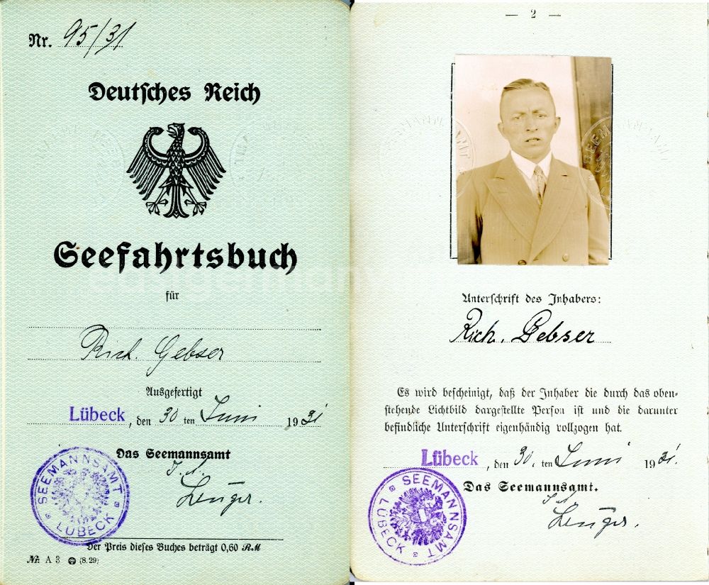 GDR picture archive: Lübeck - Reproduction Seefahrtsbuch fuer Richard Gebser issued in Luebeck in the state Schleswig-Holstein in Germany