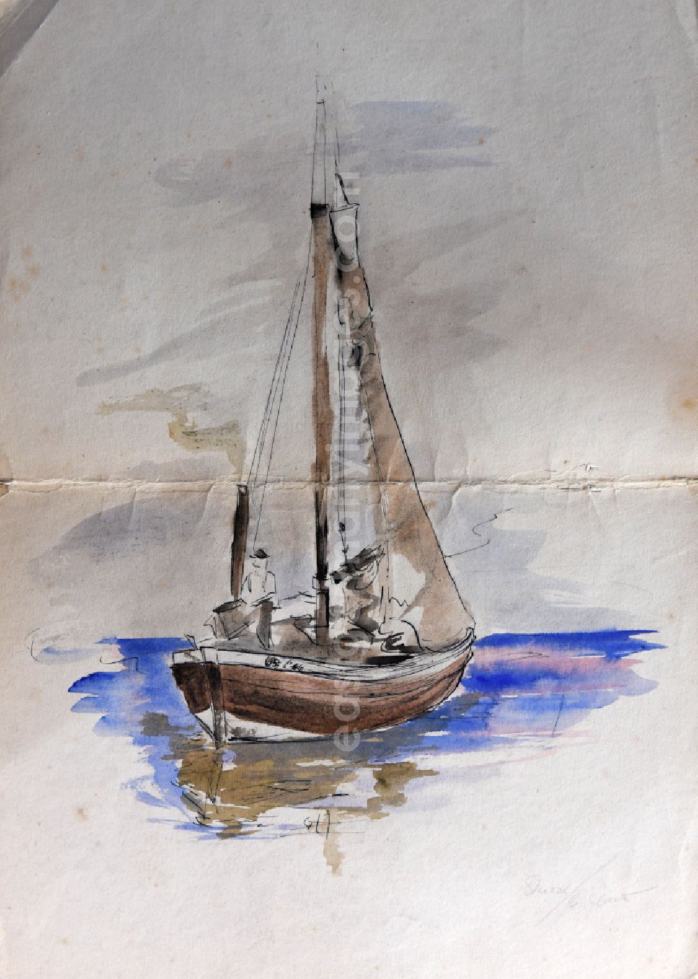 GDR photo archive: Stralsund - VG Image free work: Colored pencil drawing Sailboat on the Baltic Sea by the artist Siegfried Gebser in Stralsund in the state Mecklenburg-Western Pomerania on the territory of the former GDR, German Democratic Republic