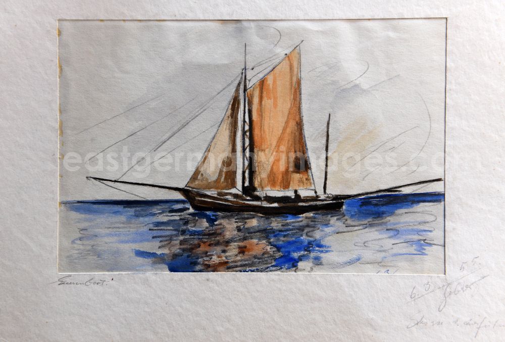 GDR image archive: Stralsund - VG Image free work: Colored pencil drawing Sailboat on the Baltic Sea by the artist Siegfried Gebser in Stralsund in the state Mecklenburg-Western Pomerania on the territory of the former GDR, German Democratic Republic