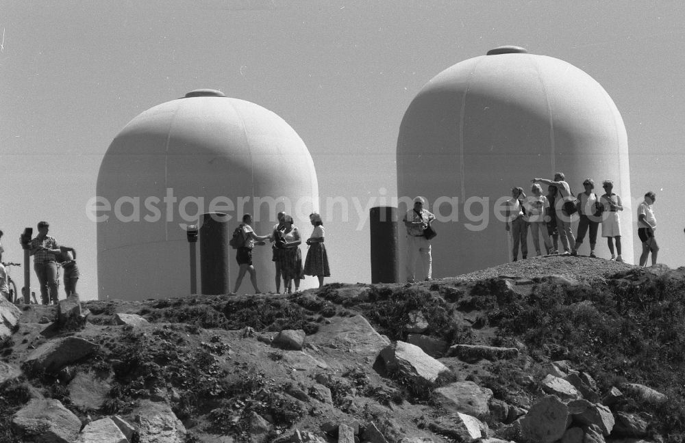 GDR picture archive: Schierke - Transmission and radio technology - military technology of the GSSD - Red Army on the summit of the Brocken Plateau during the first visit by civilians in Schierke in the state of Saxony-Anhalt in the area of the former GDR, German Democratic Republic