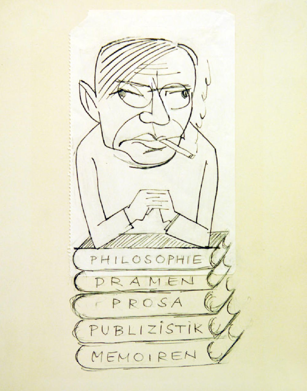 GDR picture archive: Berlin - Skizze von Herbert Sandberg 13,7x26,2cm schwarzer Zeichenstift. Eine Person mit Brille raucht und stützt sich auf einen Stapel Bücher, auf den Büchern steht Philosophie, Dramen, Prosa, Publizistik und Memoiren.