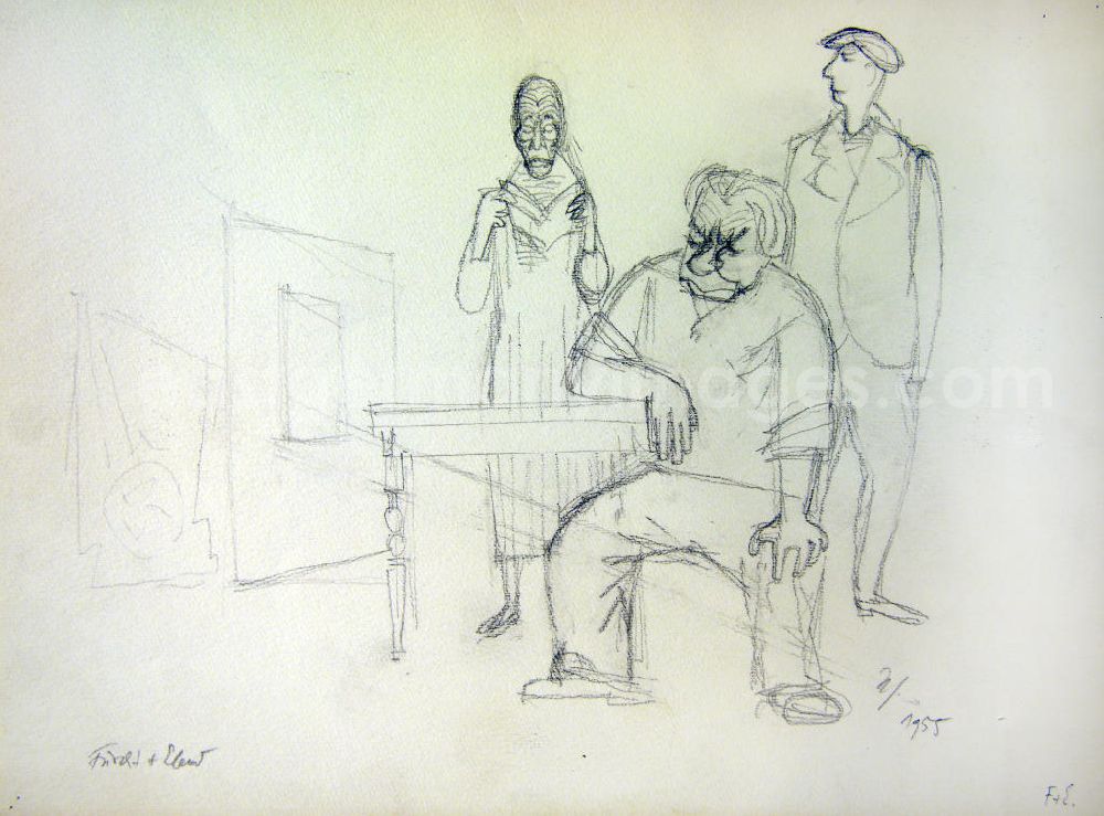 GDR photo archive: Berlin - Skizze von Herbert Sandberg Furcht und Elend aus dem Jahr 1955, 36,5x25,5cm Bleistift, handsigniert. In einem Raum, eine ältere Frau liest zwei Männern aus einem Buch vor, einer der beiden sitzt an einem Tisch, der andere steht dahinter
